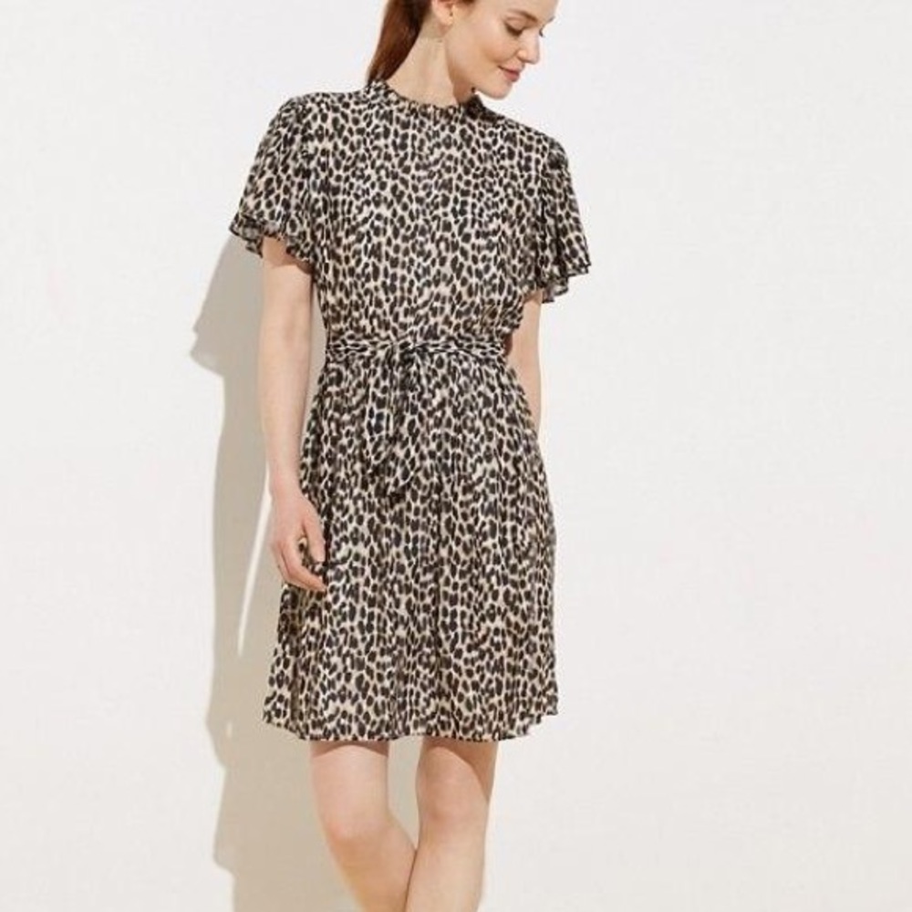 LOFT LEOPARD PRINT TIE WAIST FLUTTER DRESS